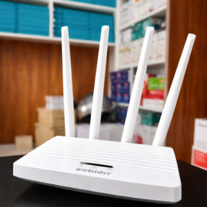 Zebion 4G router with four antennas placed on a counter in an electronics store
